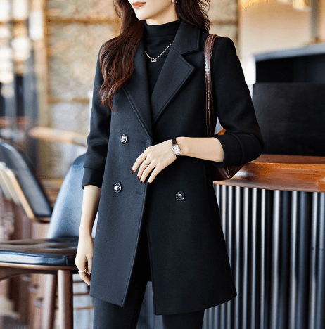 Black Double Breasted Women's Suit Jacket for Fall/Winter - AGB LuxeDrop