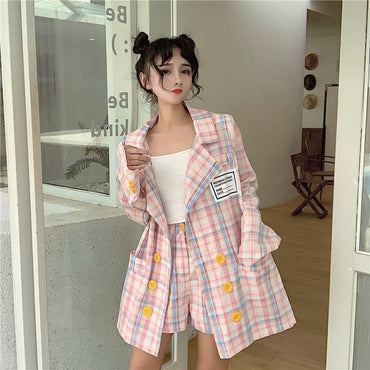 Checkered Women's Suit Set with High-Waisted Shorts - AGB LuxeDrop