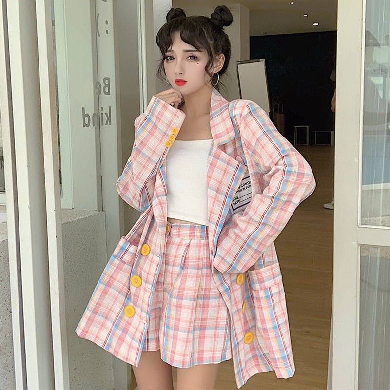 Checkered Women's Suit Set with High-Waisted Shorts - AGB LuxeDrop