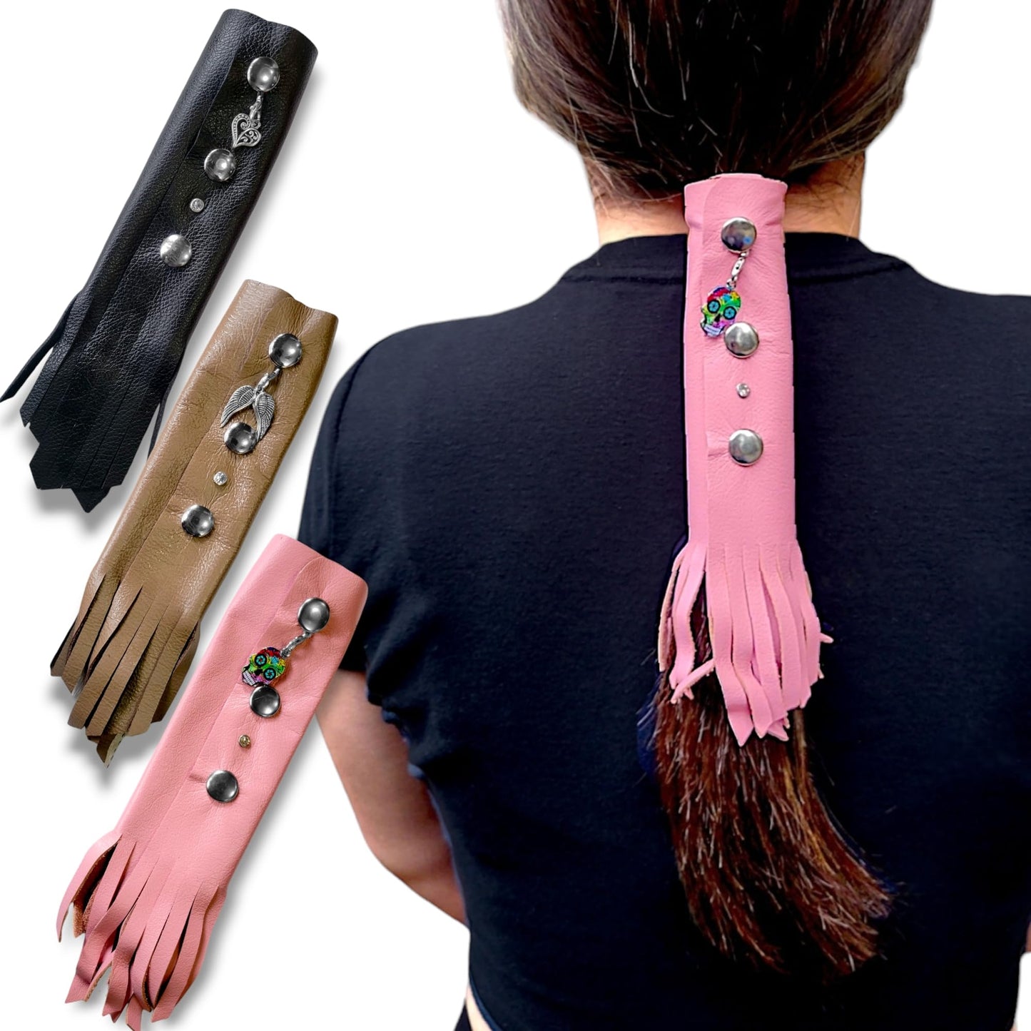 3 Pack Leather Hair Wrap 5" Inch Pink Black & Brown - Ponytail protector Wrap for Helmets | Biker Motorcycle Helmet Accessories for Women | Hair protctor | Made in USA | Hair saver Made in USA