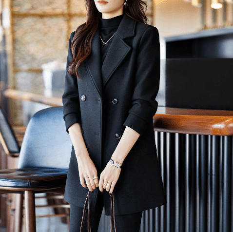 Black Double Breasted Women's Suit Jacket for Fall/Winter - AGB LuxeDrop