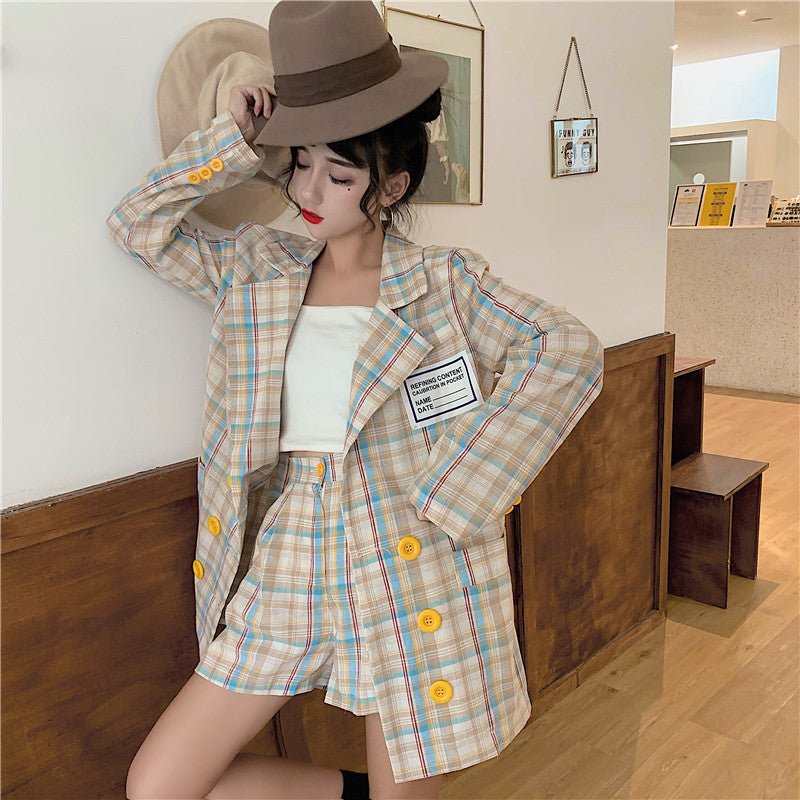 Checkered Women's Suit Set with High-Waisted Shorts - AGB LuxeDrop
