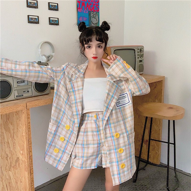 Checkered Women's Suit Set with High-Waisted Shorts - AGB LuxeDrop