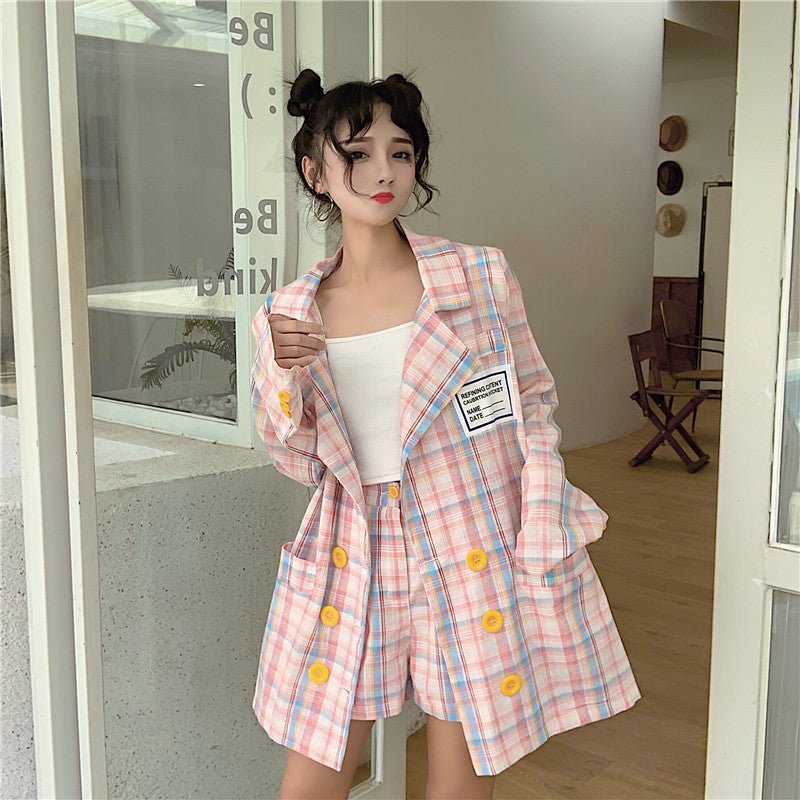 Checkered Women's Suit Set with High-Waisted Shorts - AGB LuxeDrop