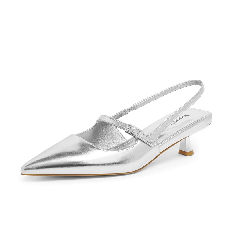 Modatope Slingback Kitten Heels for Women Pointed Toe Silver Heels Closed Toe Stiletto Low Heels Women Pumps Dress Shoes Size 6.5 - AGB LuxeDrop