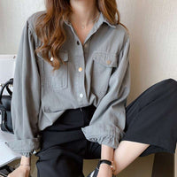 Spring Fashion Solid Long Sleeve Blouses with Pockets - AGB LuxeDrop