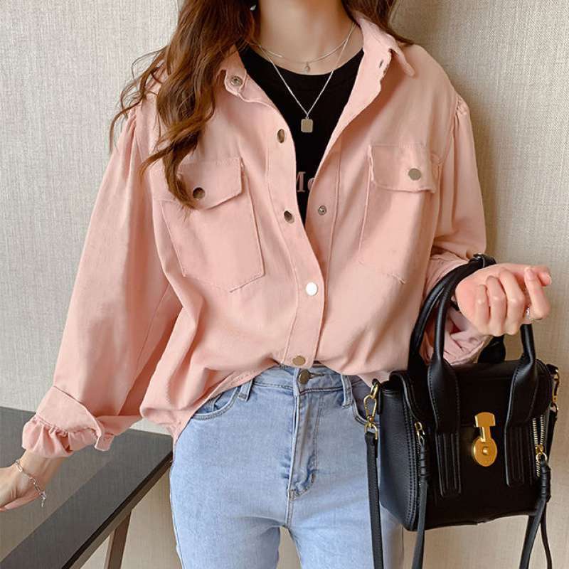 Spring Fashion Solid Long Sleeve Blouses with Pockets - AGB LuxeDrop