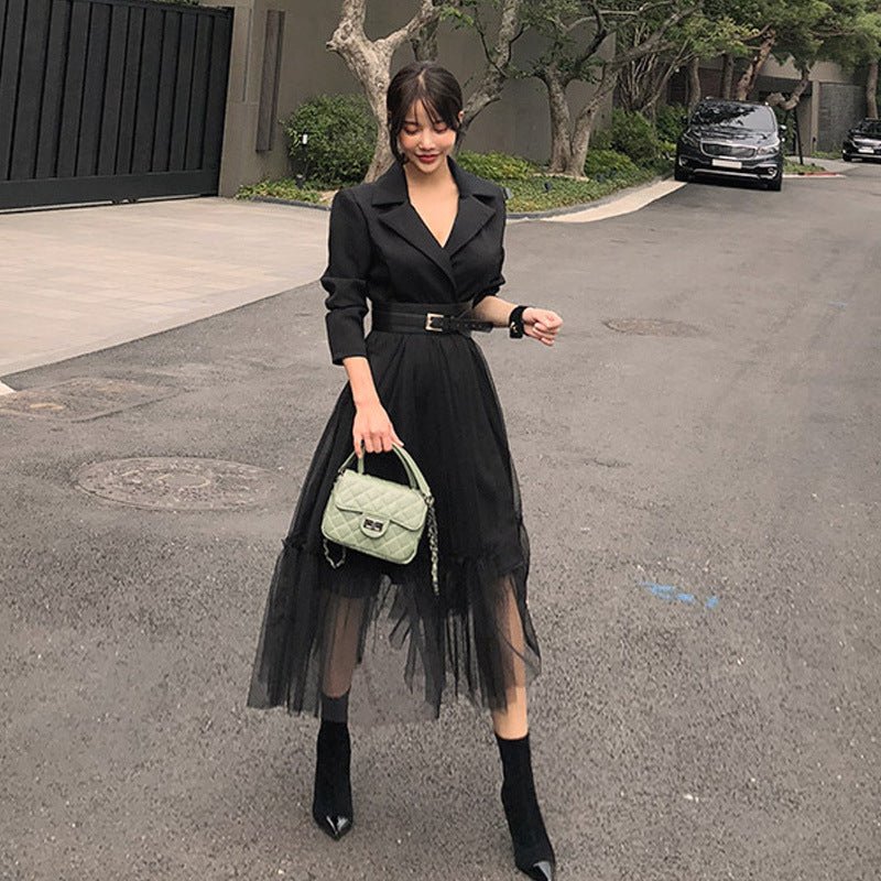 Women's Suit Collar Mesh Dress - AGB LuxeDrop